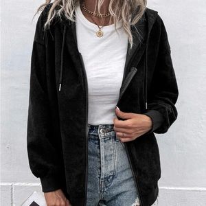 New Black Medium Hooded Jacket with zipper , drawstring and pockets.